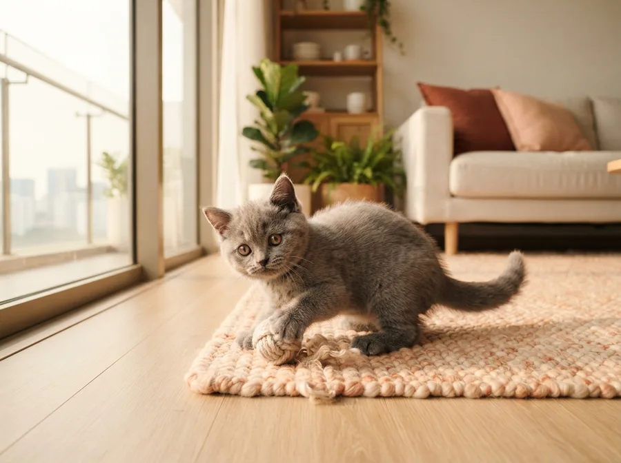 A British Shorthair kitten playing on a rug