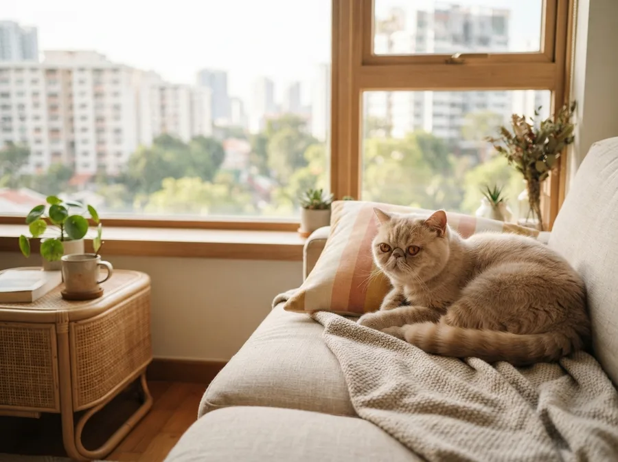 An adult Exotic Shorthair resting on a sofa by a window