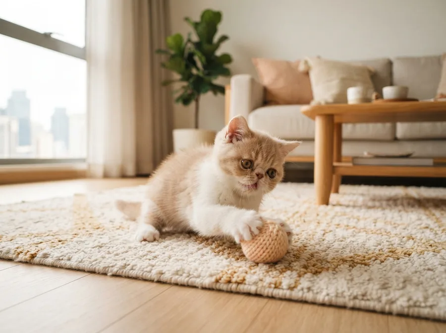 An Exotic Shorthair kitten playing on a rug