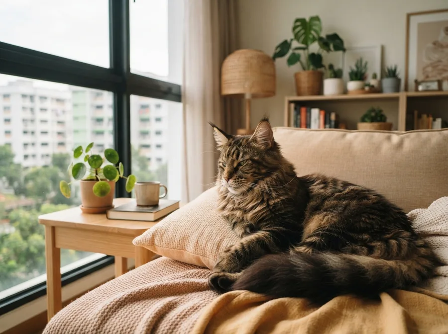 An adult Maine Coon resting on a sofa by a window