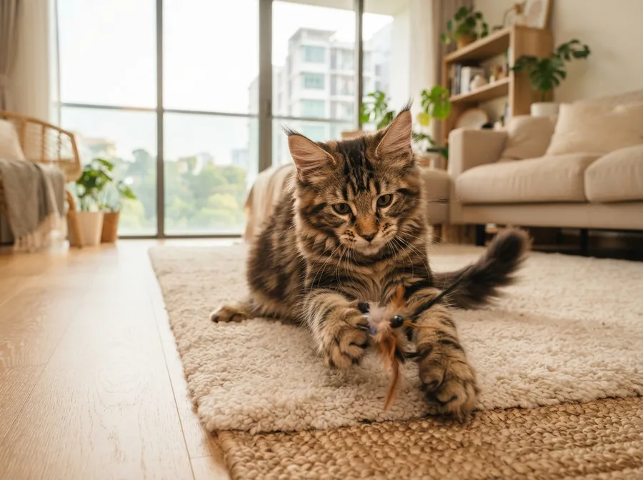 A Maine Coon kitten playing on a rug