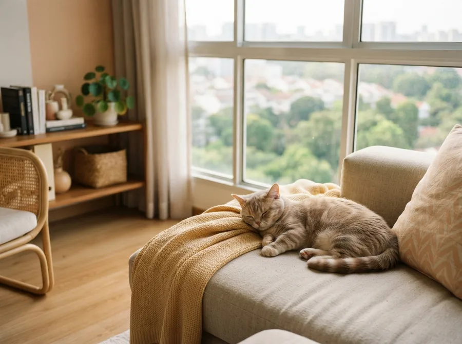 An adult Munchkin resting on a sofa by a window