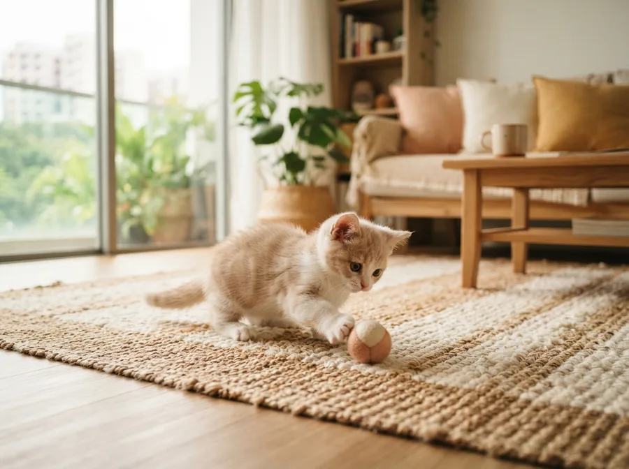 A Munchkin kitten playing on a rug