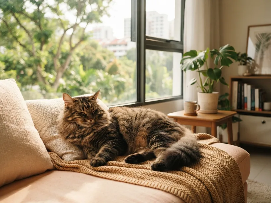An adult Norwegian Forest Cat resting on a sofa by a window