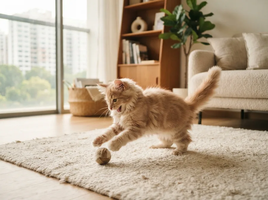 A Norwegian Forest Cat kitten playing on a rug
