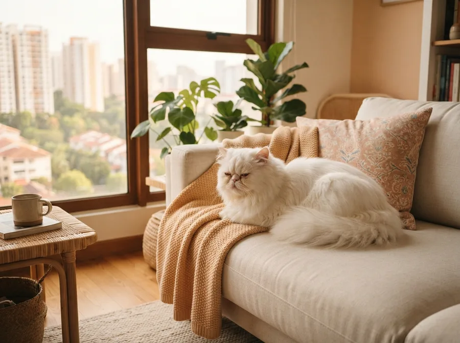 An adult Persian resting on a sofa by a window