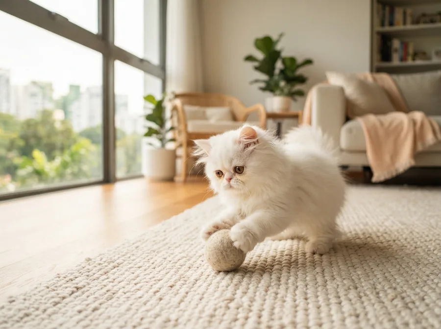 A Persian kitten playing on a rug