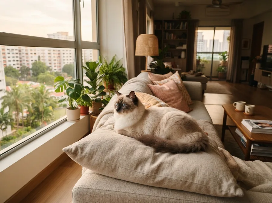 An adult Ragdoll resting on a sofa by a window