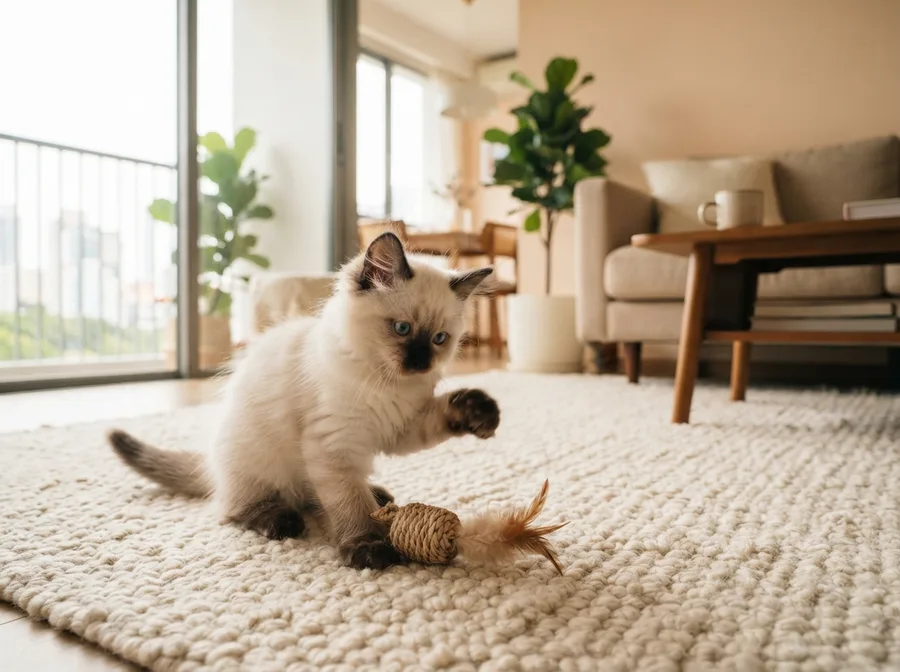 A Ragdoll kitten playing on a rug
