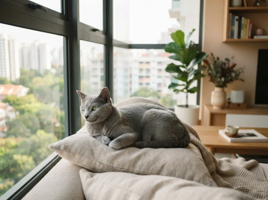 An adult Russian Blue resting on a sofa by a window
