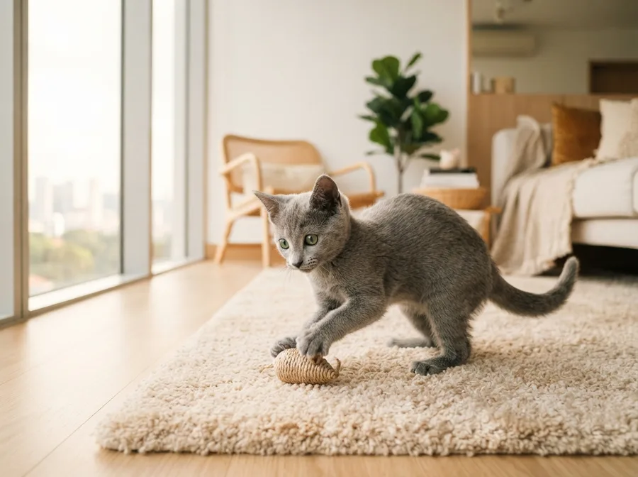 A Russian Blue kitten playing on a rug