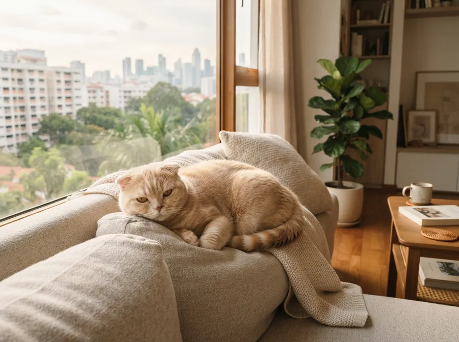 An adult Scottish Fold resting on a sofa by a window