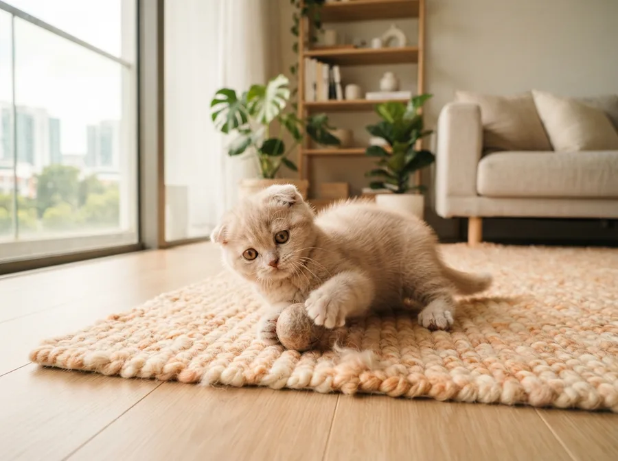 A Scottish Fold kitten playing on a rug