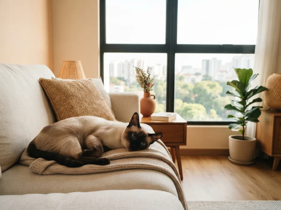 An adult Siamese resting on a sofa by a window