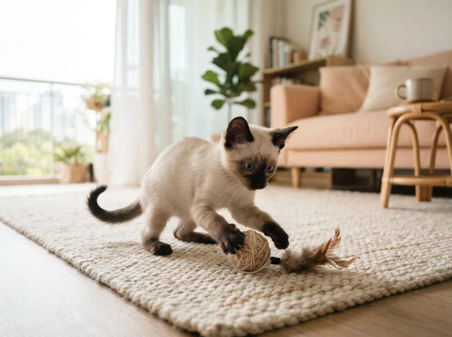 A Siamese kitten playing on a rug