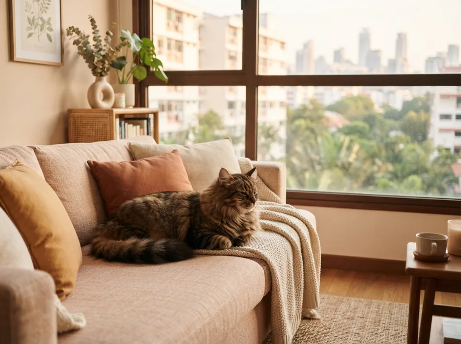 An adult Siberian resting on a sofa by a window