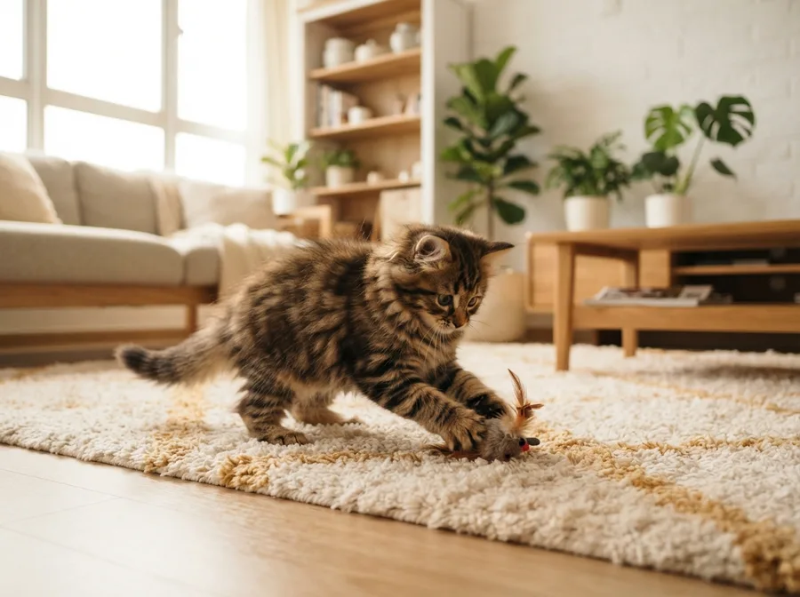 A Siberian kitten playing on a rug