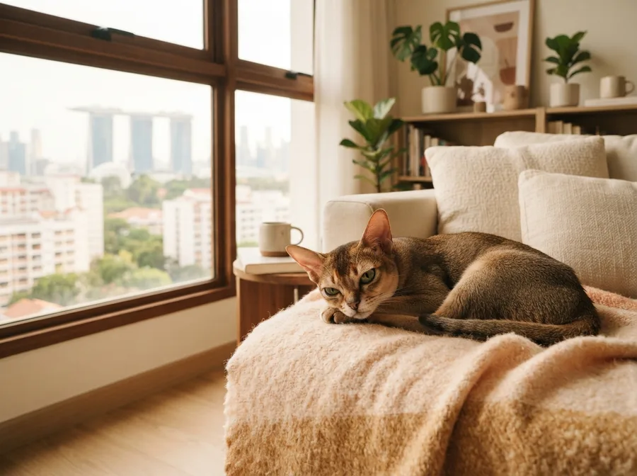 An adult Singapura resting on a sofa by a window