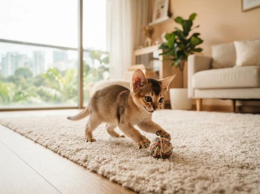 A Singapura kitten playing on a rug