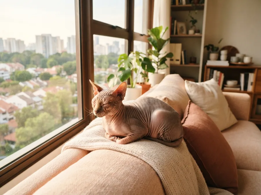 An adult Sphynx resting on a sofa by a window