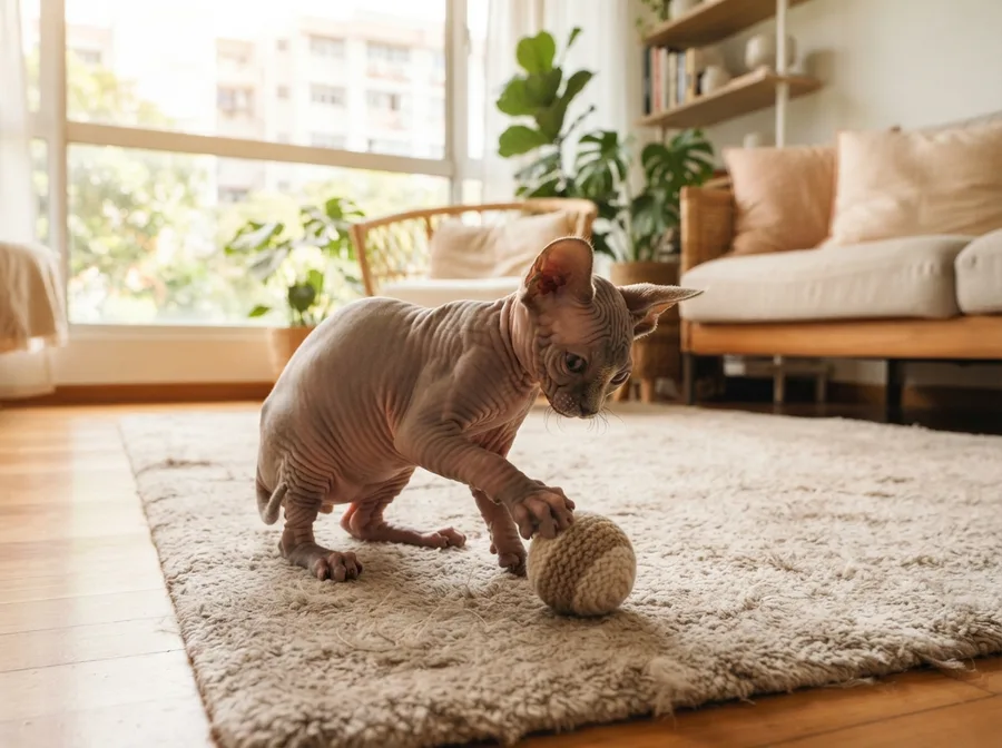A Sphynx kitten playing on a rug