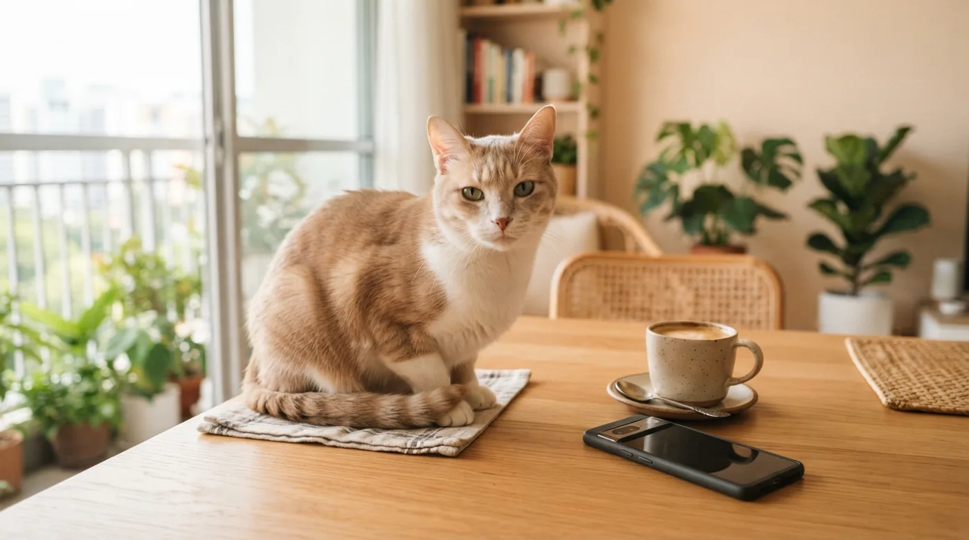 A cat beside a phone and a cup of coffee