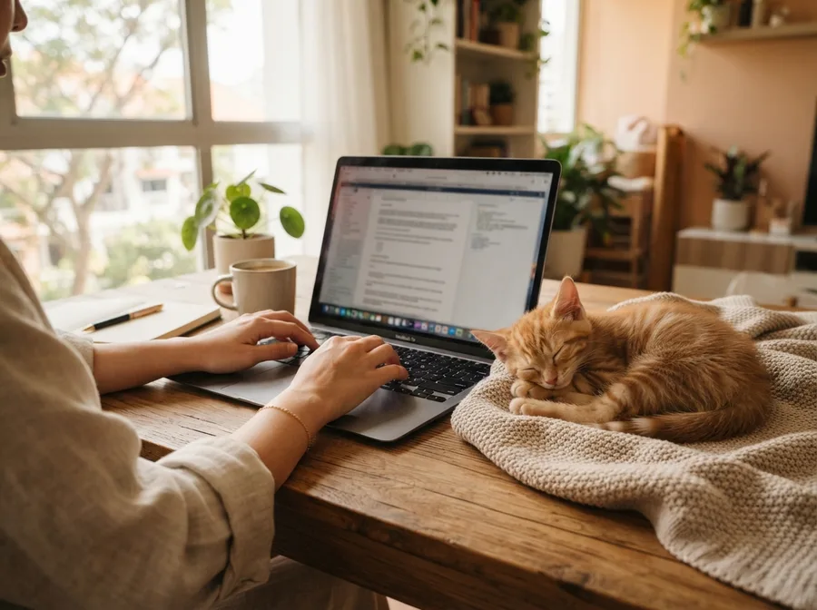 Typing a reply on a laptop with a kitten asleep alongside