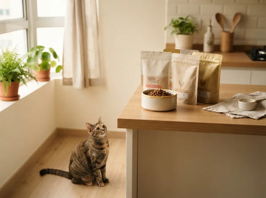 Cat food and a ceramic bowl on a kitchen counter