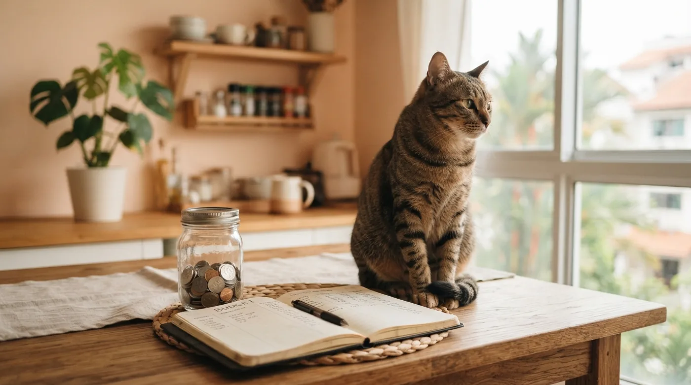 A cat beside a household budget notebook