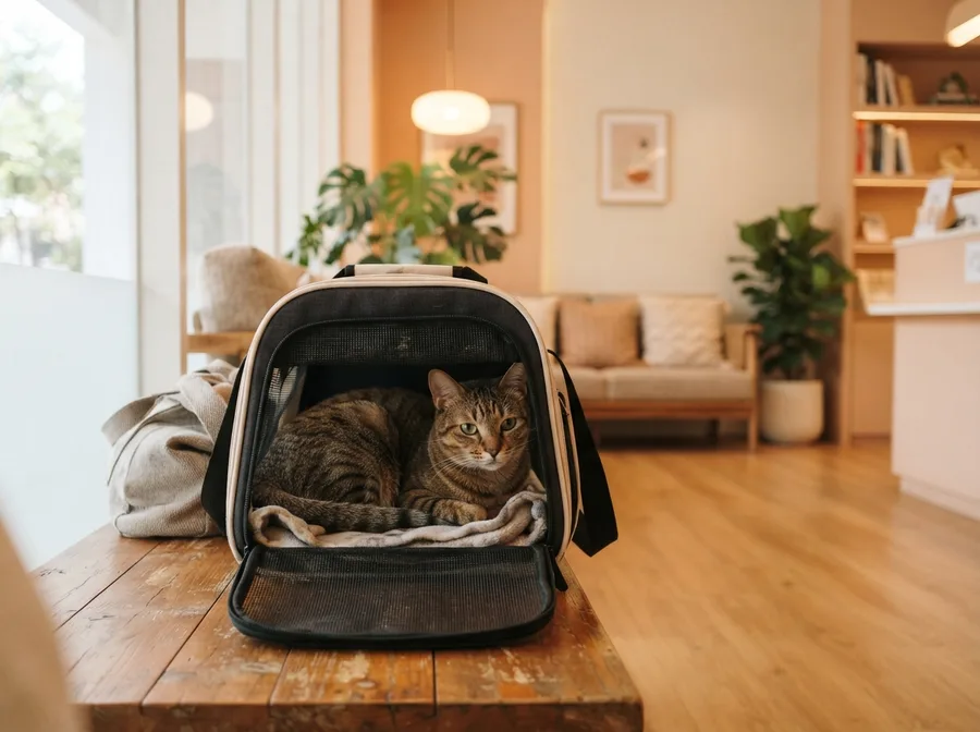 A cat in a carrier at a veterinary clinic