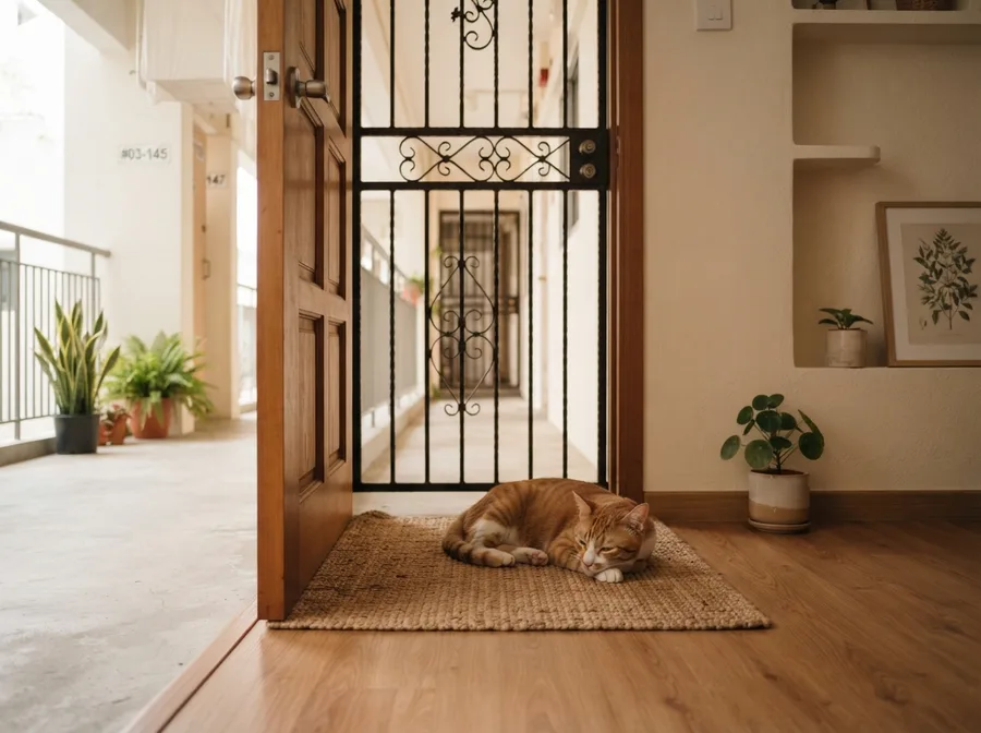 A cat resting inside the doorway of an HDB flat