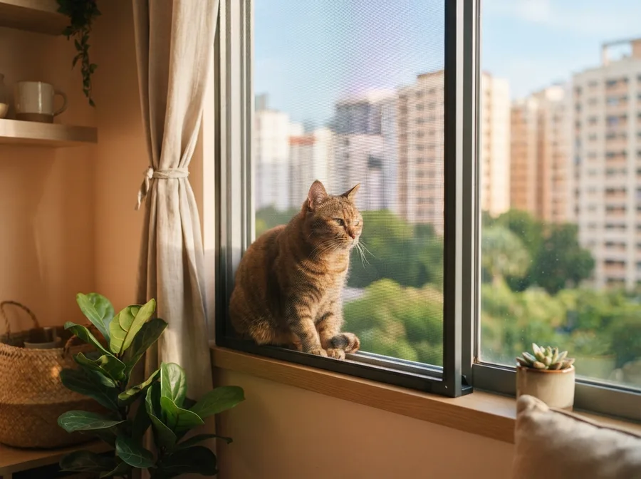 Cat safety mesh fitted across an HDB window