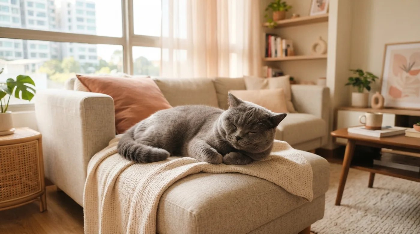 A calm grey cat lying on a sofa in a compact flat
