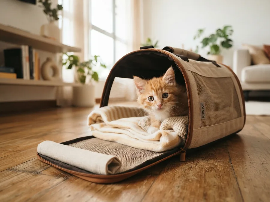 A kitten peeking out of a pet carrier on homecoming day