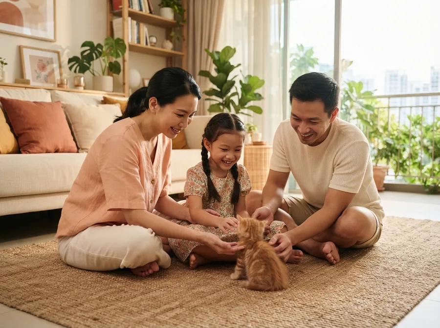 A Singapore family meeting a kitten at home