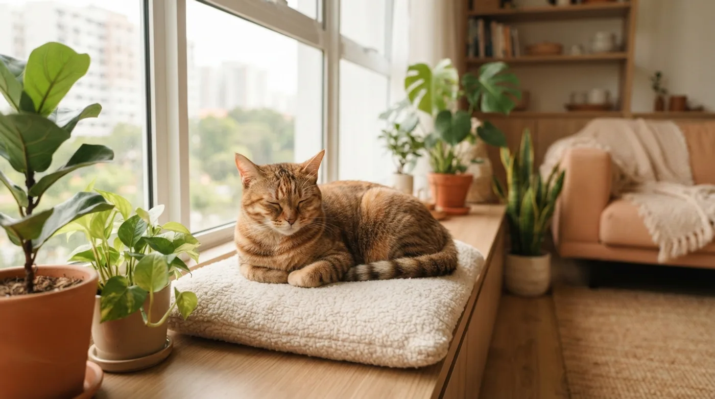 A young kitten sitting by a bright window in a Singapore living room