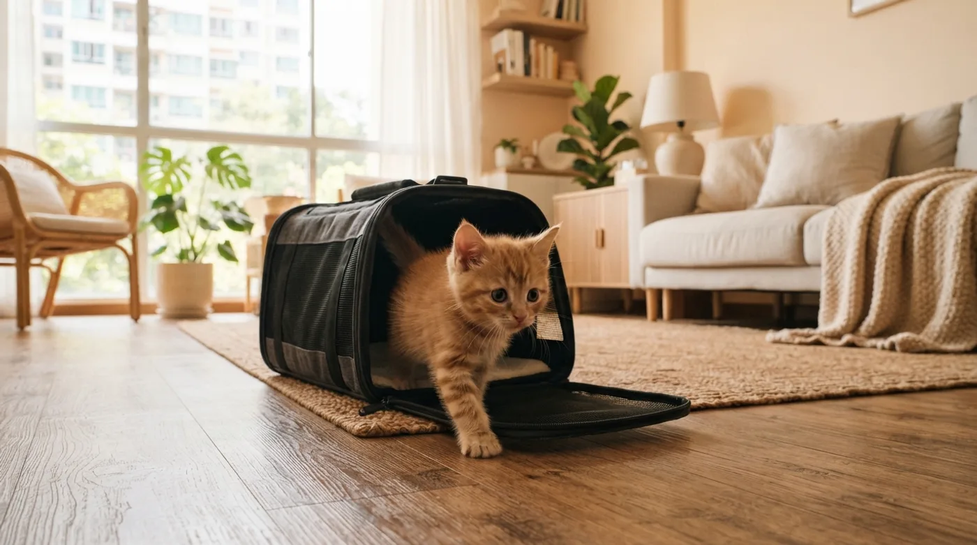 A kitten stepping out of its carrier into a new home