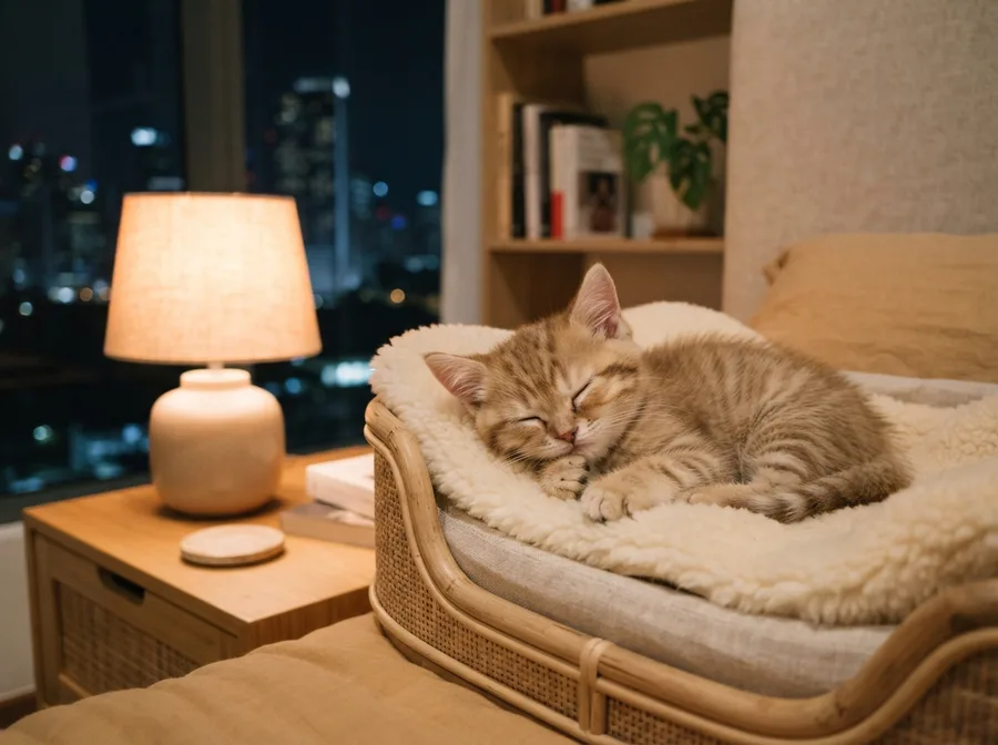 A kitten asleep on its first night at home
