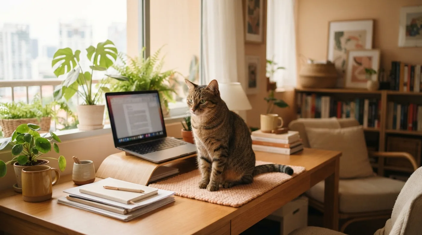 A cat sitting on a desk beside paperwork and a laptop