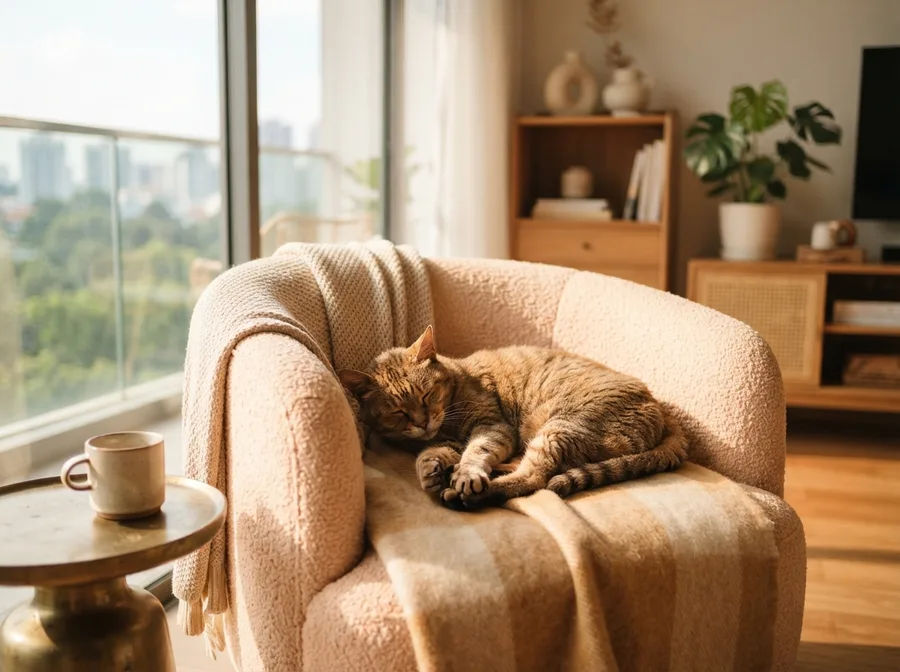 An older cat resting on a sunlit armchair