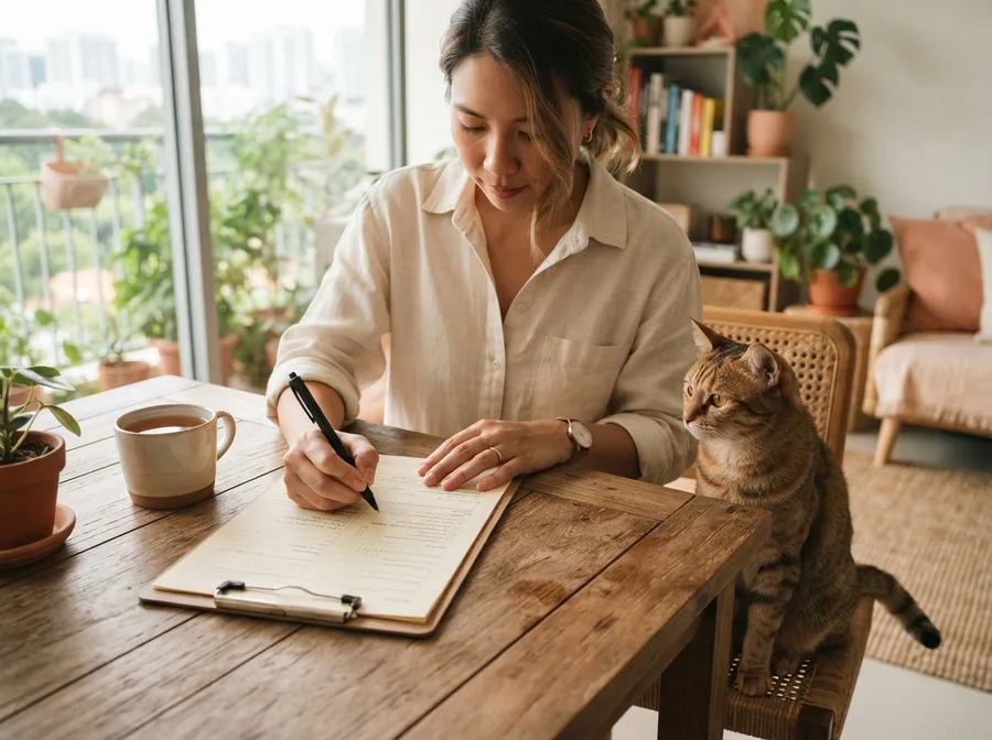 Filling in a pet registration form with a cat nearby