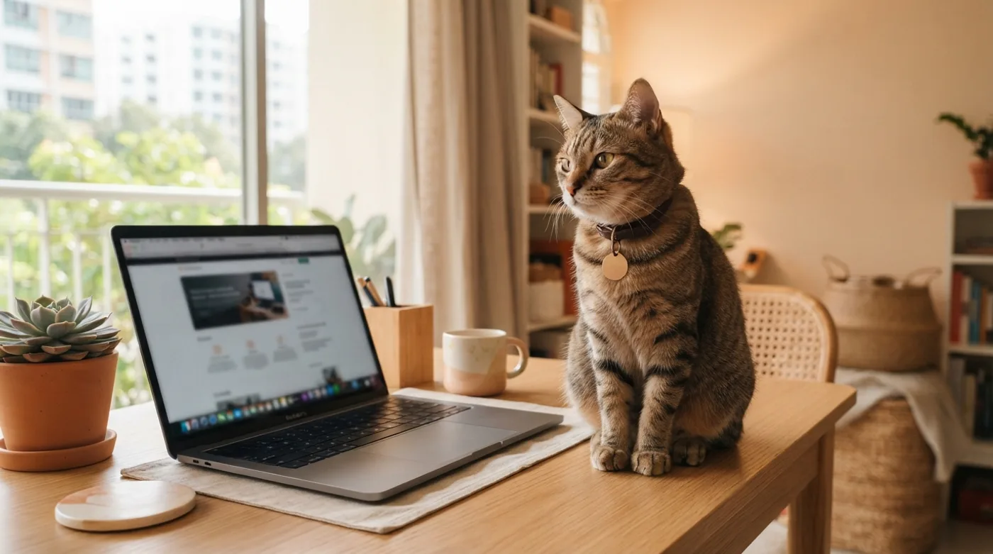 A licensed cat wearing a collar tag beside a laptop
