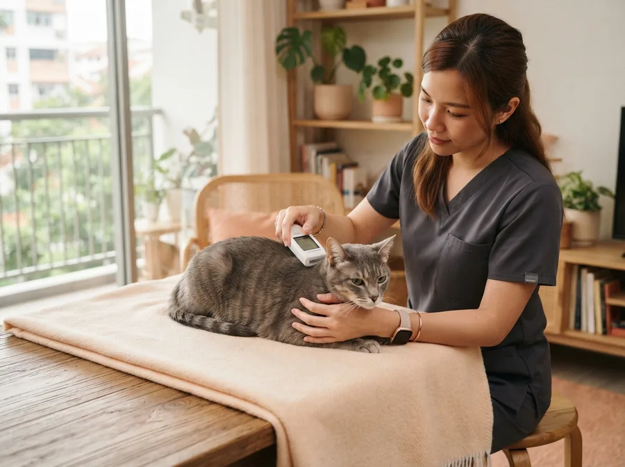 A vet scanning a cat for its microchip