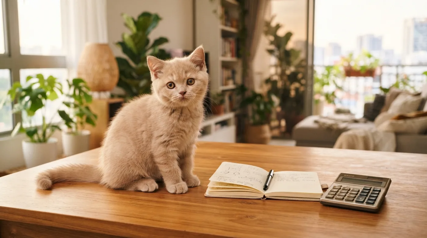 A pedigree kitten beside a notebook and calculator