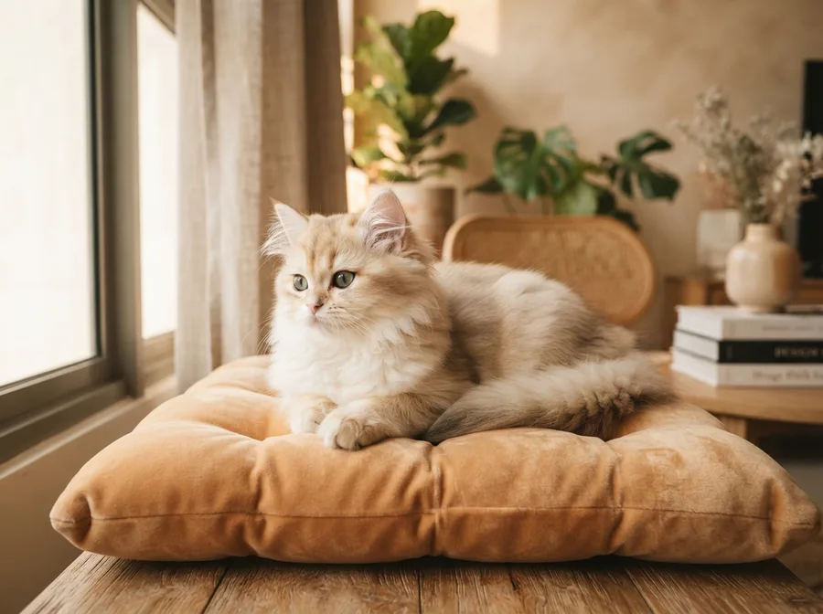 A well-groomed pedigree longhaired kitten on a cushion