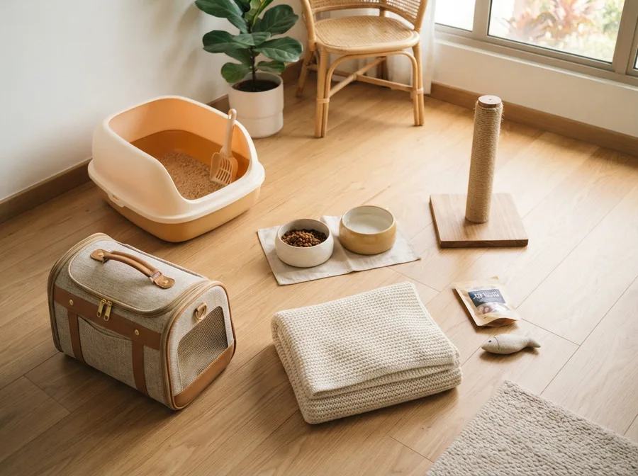 New cat supplies laid out before a kitten comes home