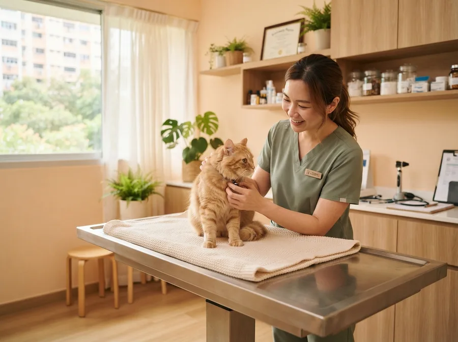 A cat in a bright veterinary consultation room