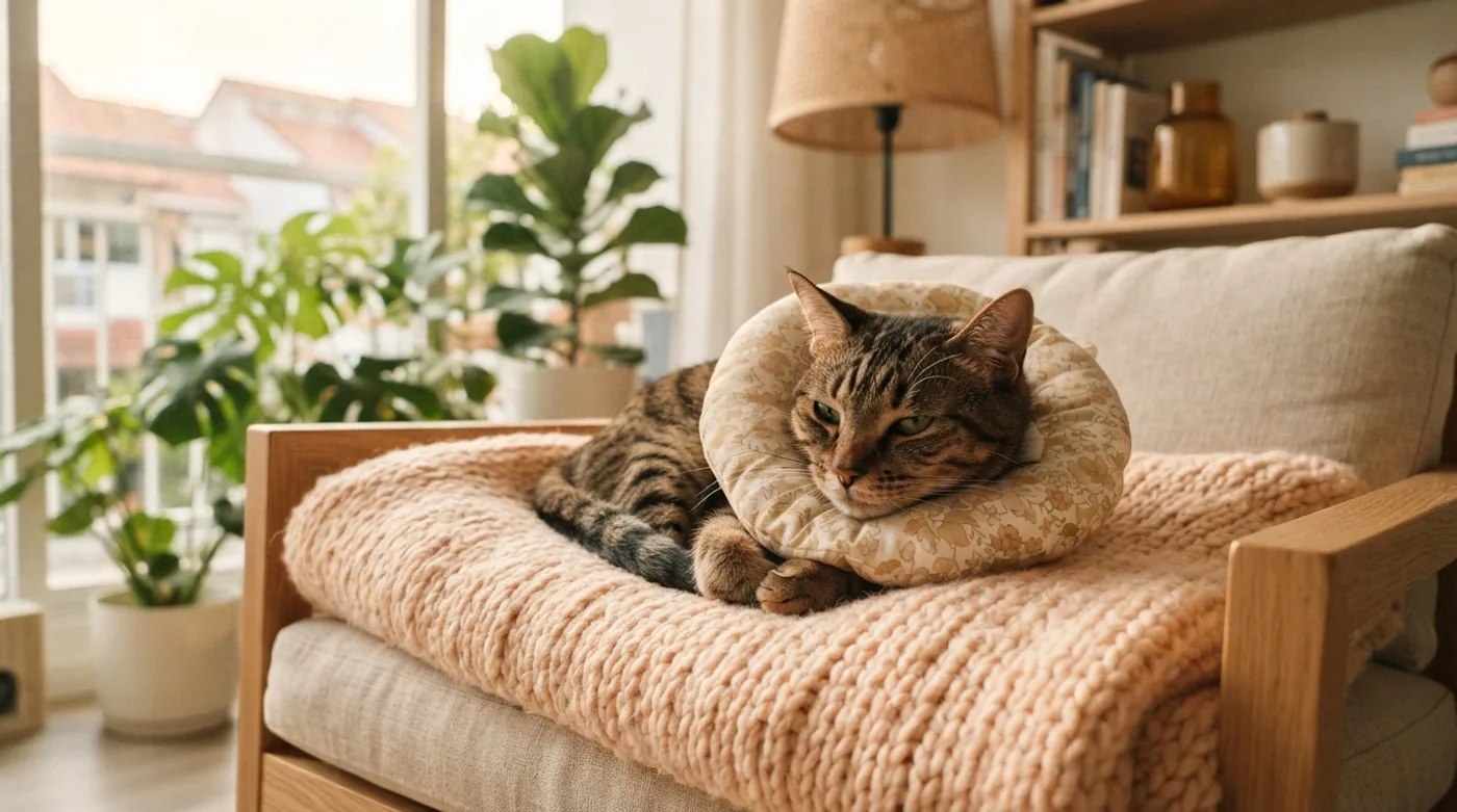 A cat wearing a soft recovery collar at home