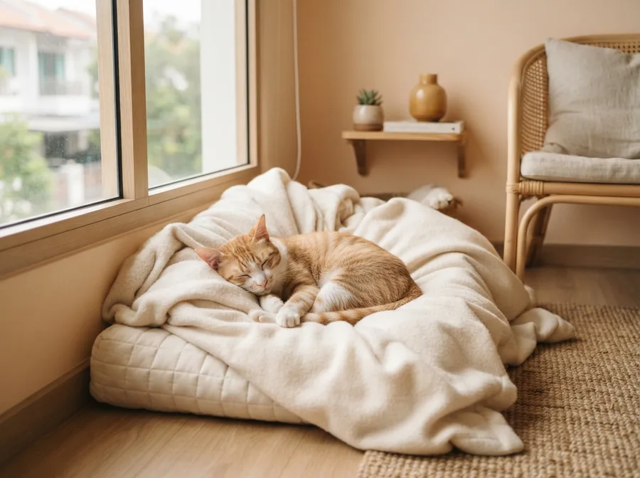 A cat sleeping in a quiet recovery corner