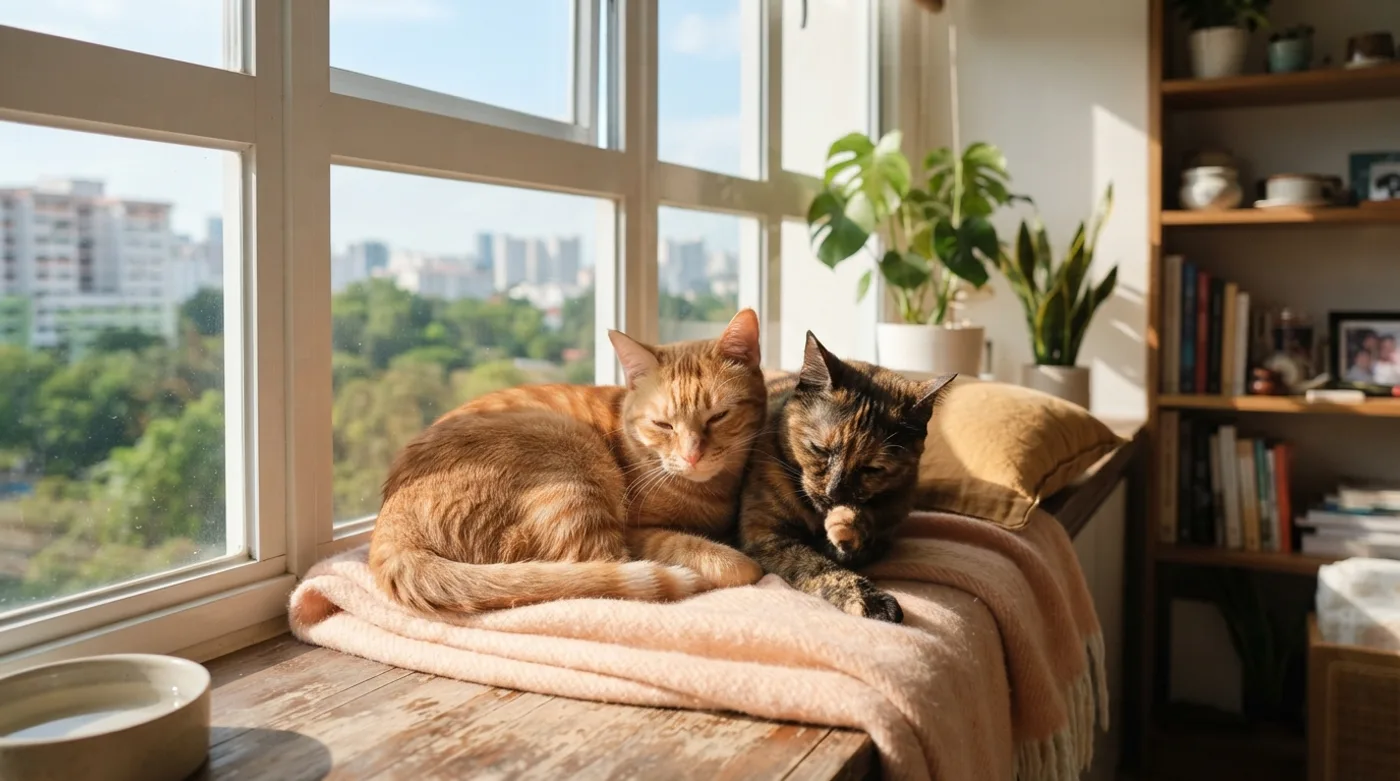 Two cats sharing a windowsill in a Singapore flat